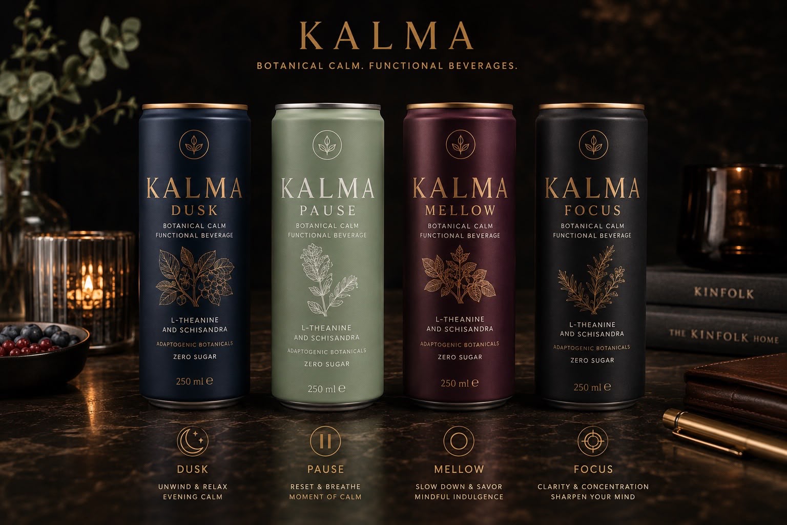 The KALMA lineup: Dusk, Pause, Mellow and Focus cans on a dark marble surface